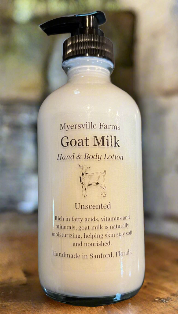 goat milk lotion in 8 ounce glass pump bottle